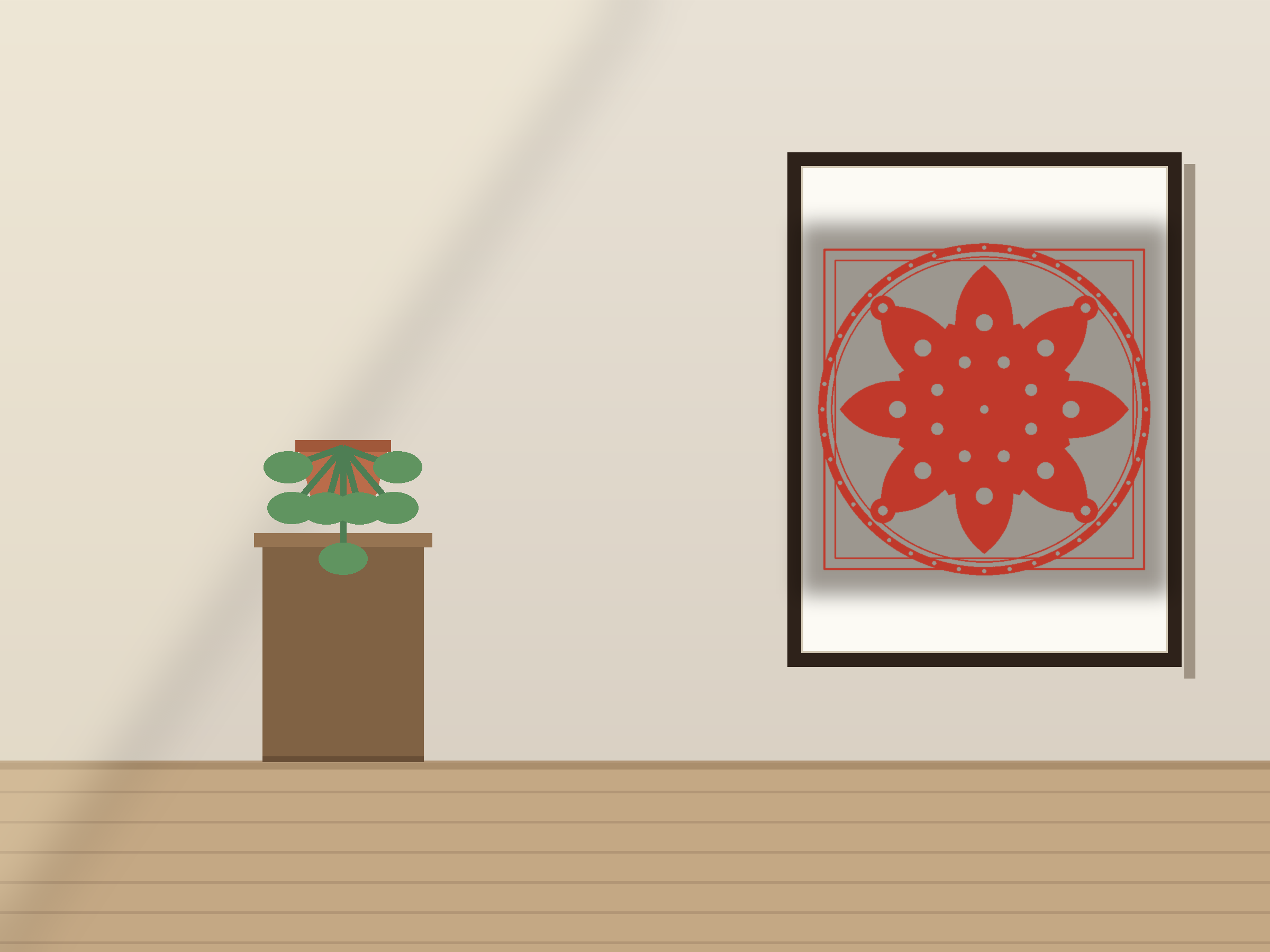 Framed Chinese papercut medallion used as living room wall decor