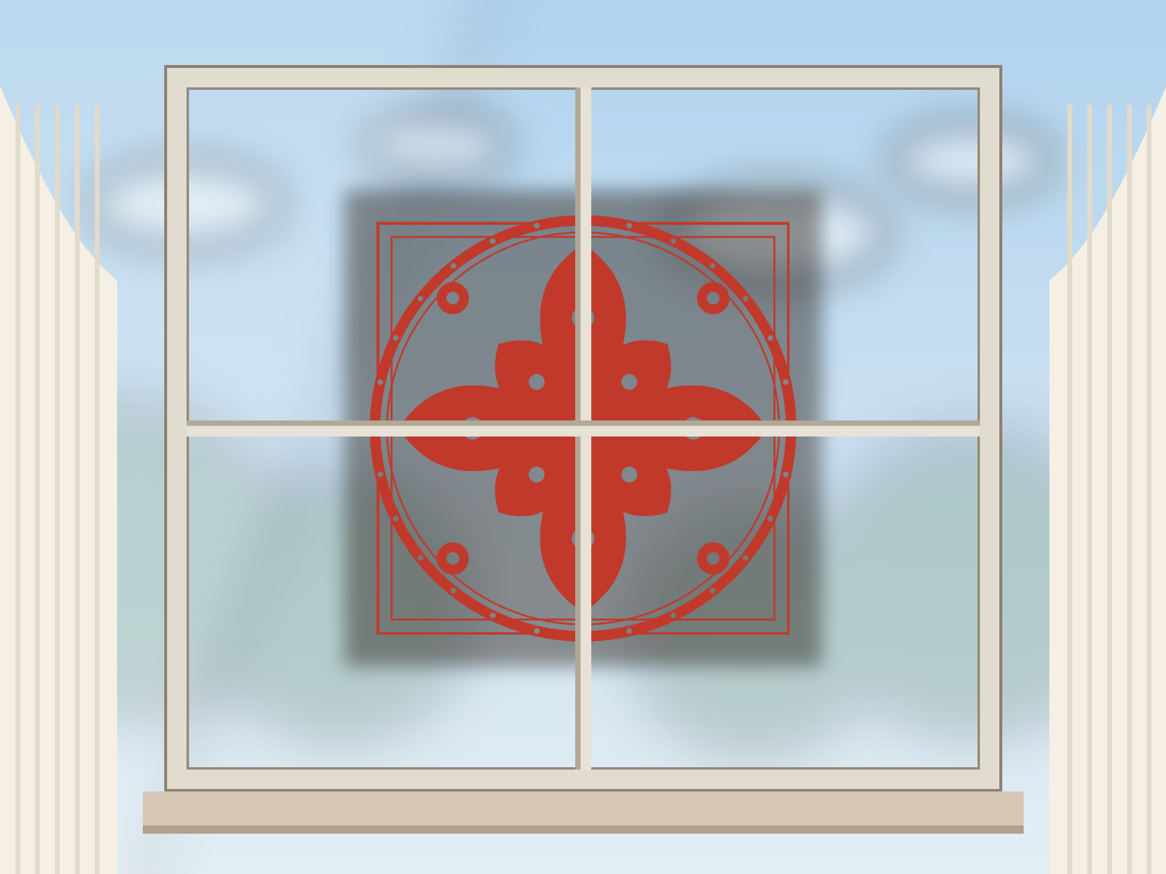 Red Chinese paper cut window flowers on a sunlit window - Four-Joy Medallion design