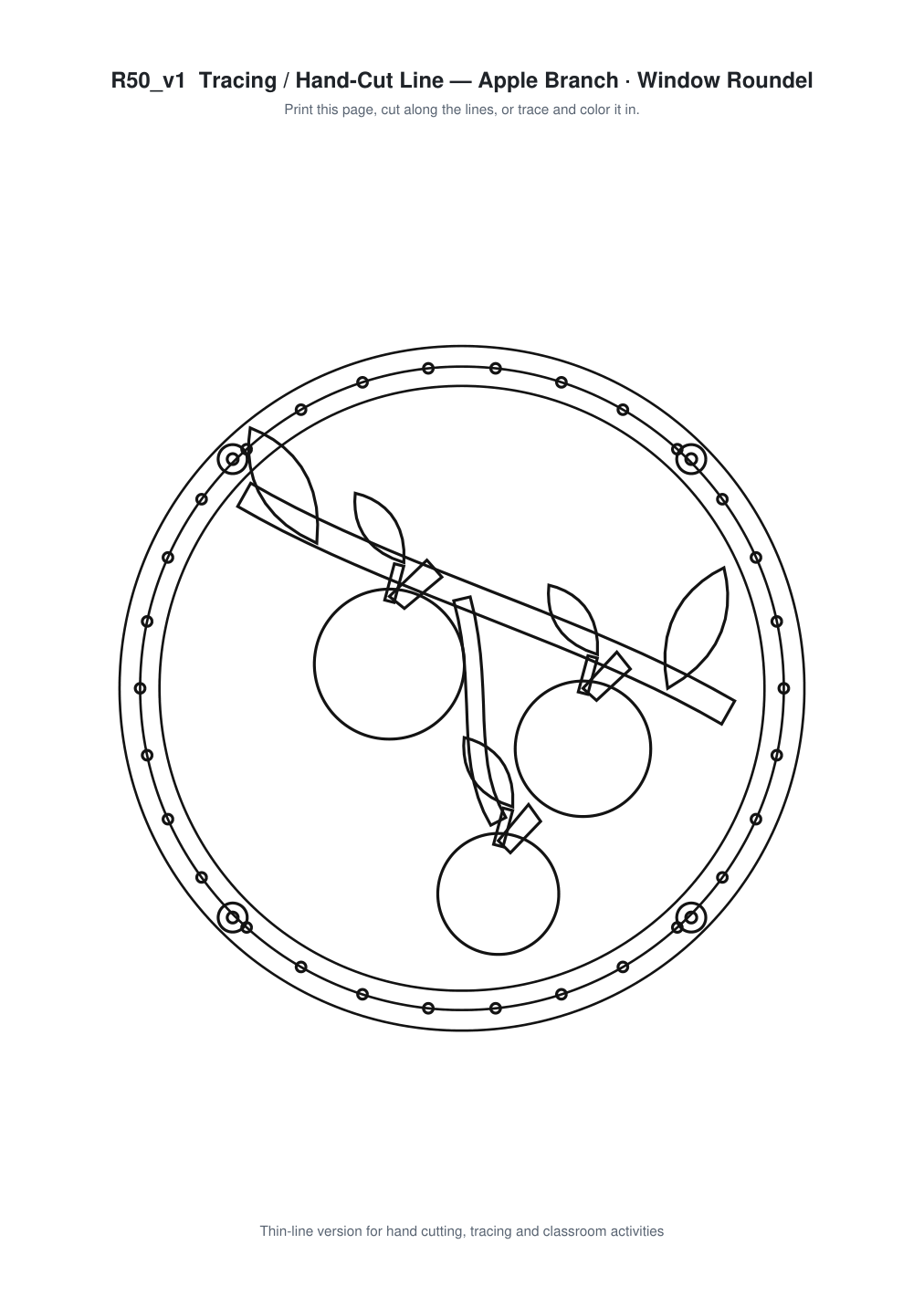 Apple Branch Window Roundel Paper Cut - Free SVG + PDF Pack - line art