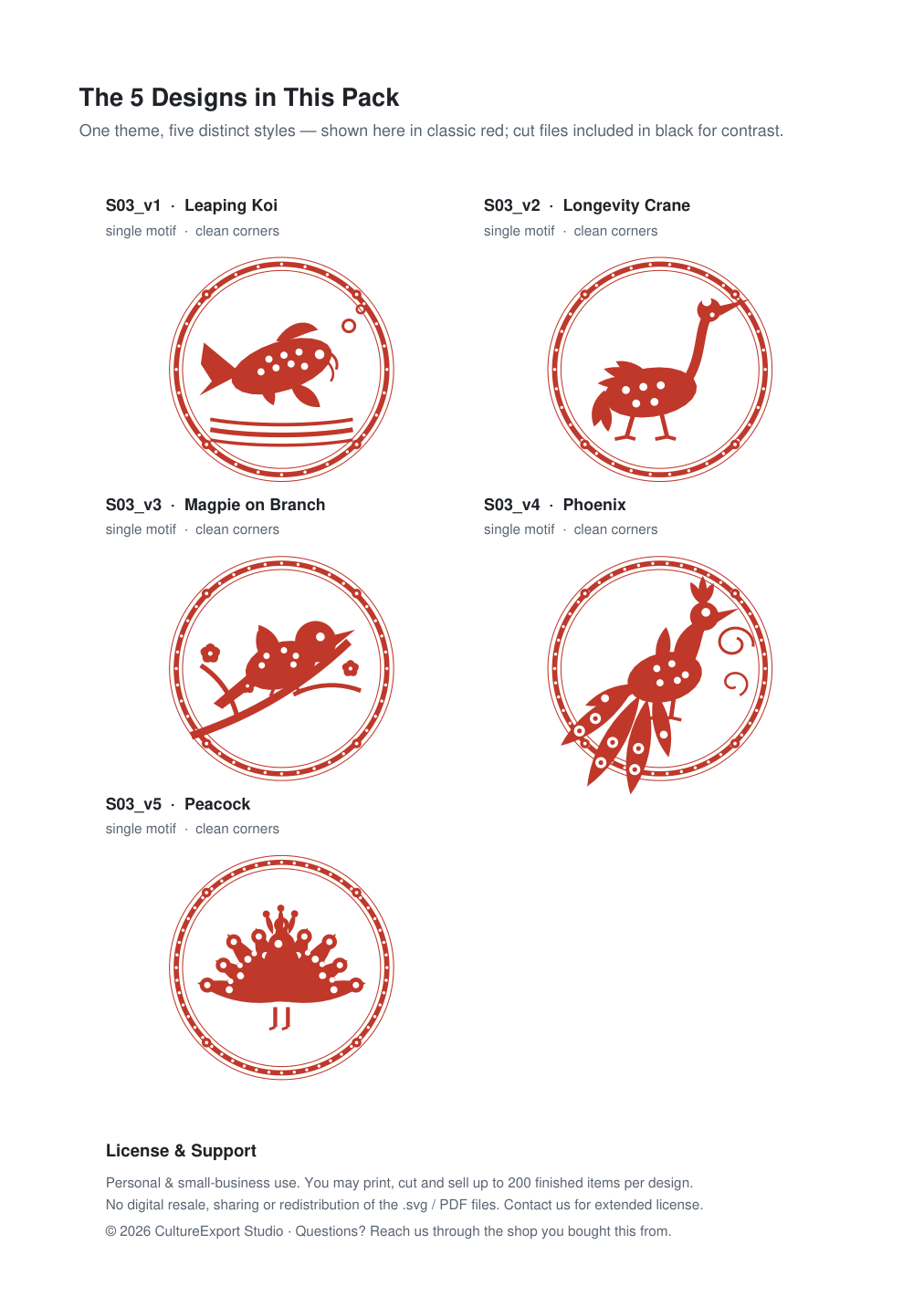 Auspicious Birds & Koi Roundels Ornate Paper Cut Panel - Free SVG + PDF Pack - design