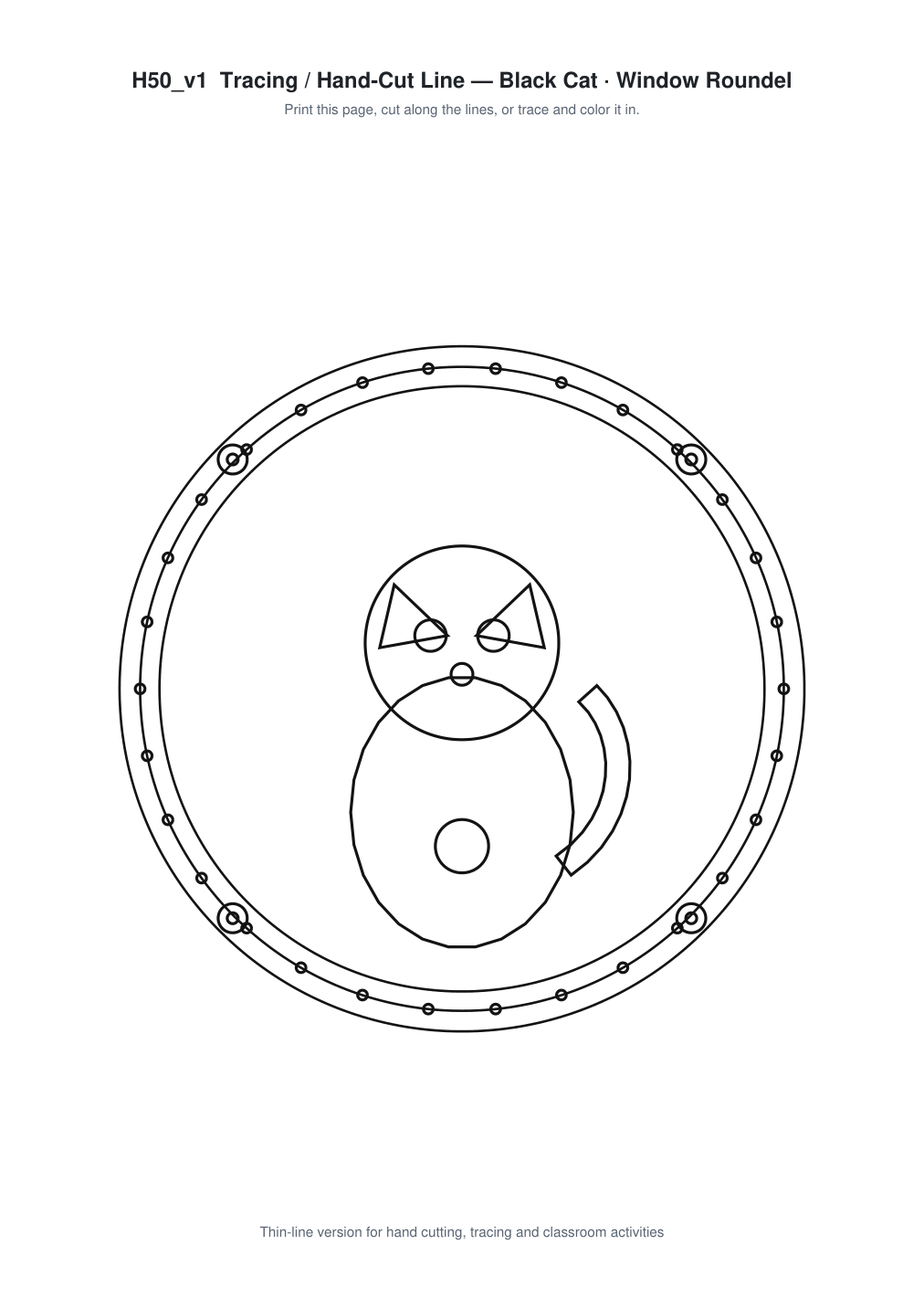 Black Cat Window Roundel Paper Cut - Free SVG + PDF Pack - line art