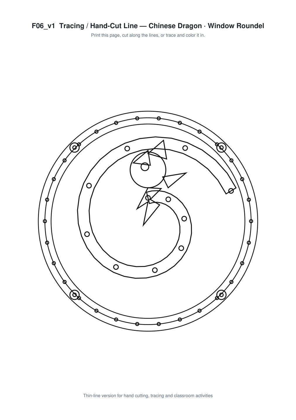Chinese Dragon Window Roundel Paper Cut - Free SVG + PDF Pack - line art