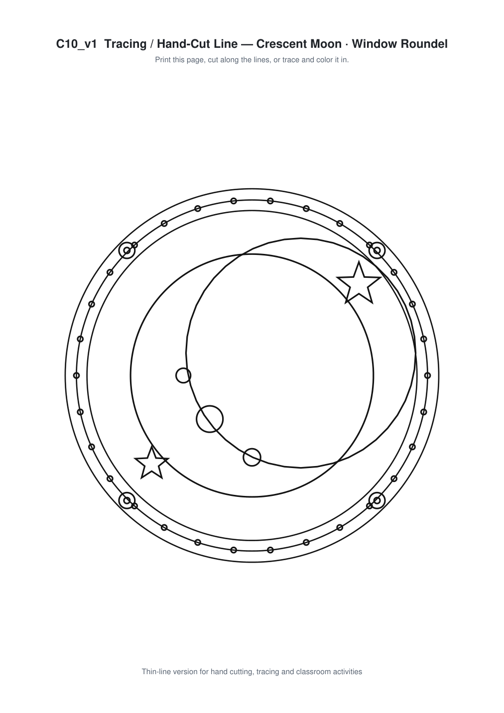 Crescent Moon Window Roundel Paper Cut - Free SVG + PDF Pack - line art