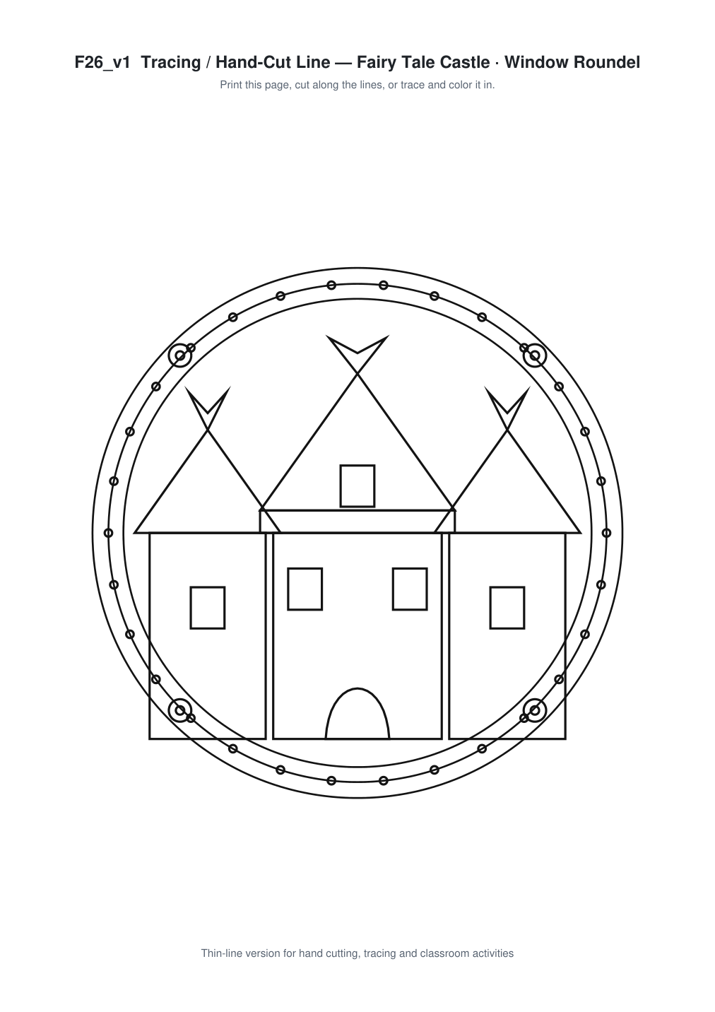 Fairy Tale Castle Window Roundel Paper Cut - Free SVG + PDF Pack - line art