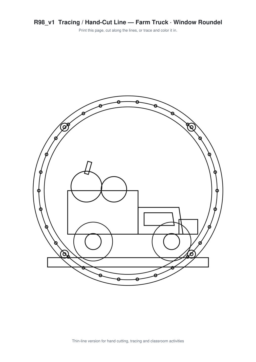 Farm Truck Window Roundel Paper Cut - Free SVG + PDF Pack - line art