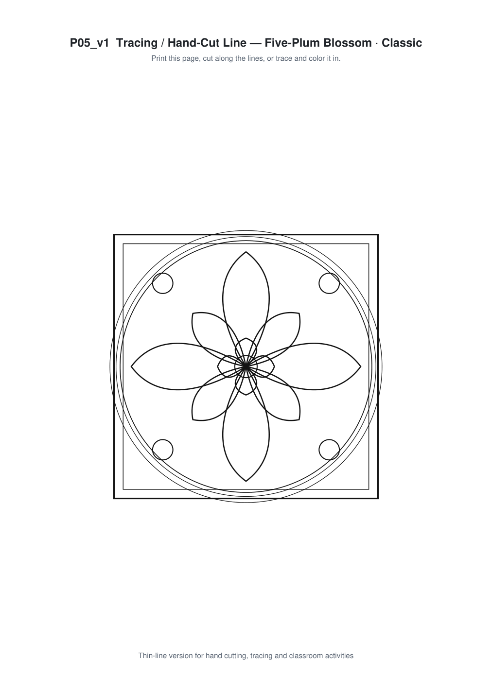 Five Plum Blossom Paper Cut Template - Free SVG + PDF Pack - line art