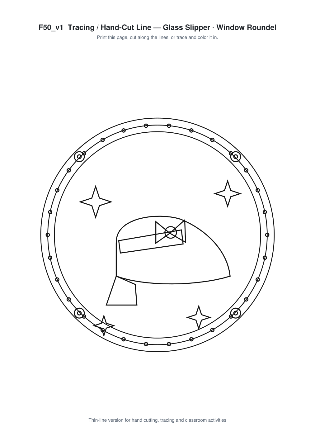 Glass Slipper Window Roundel Paper Cut - Free SVG + PDF Pack - line art
