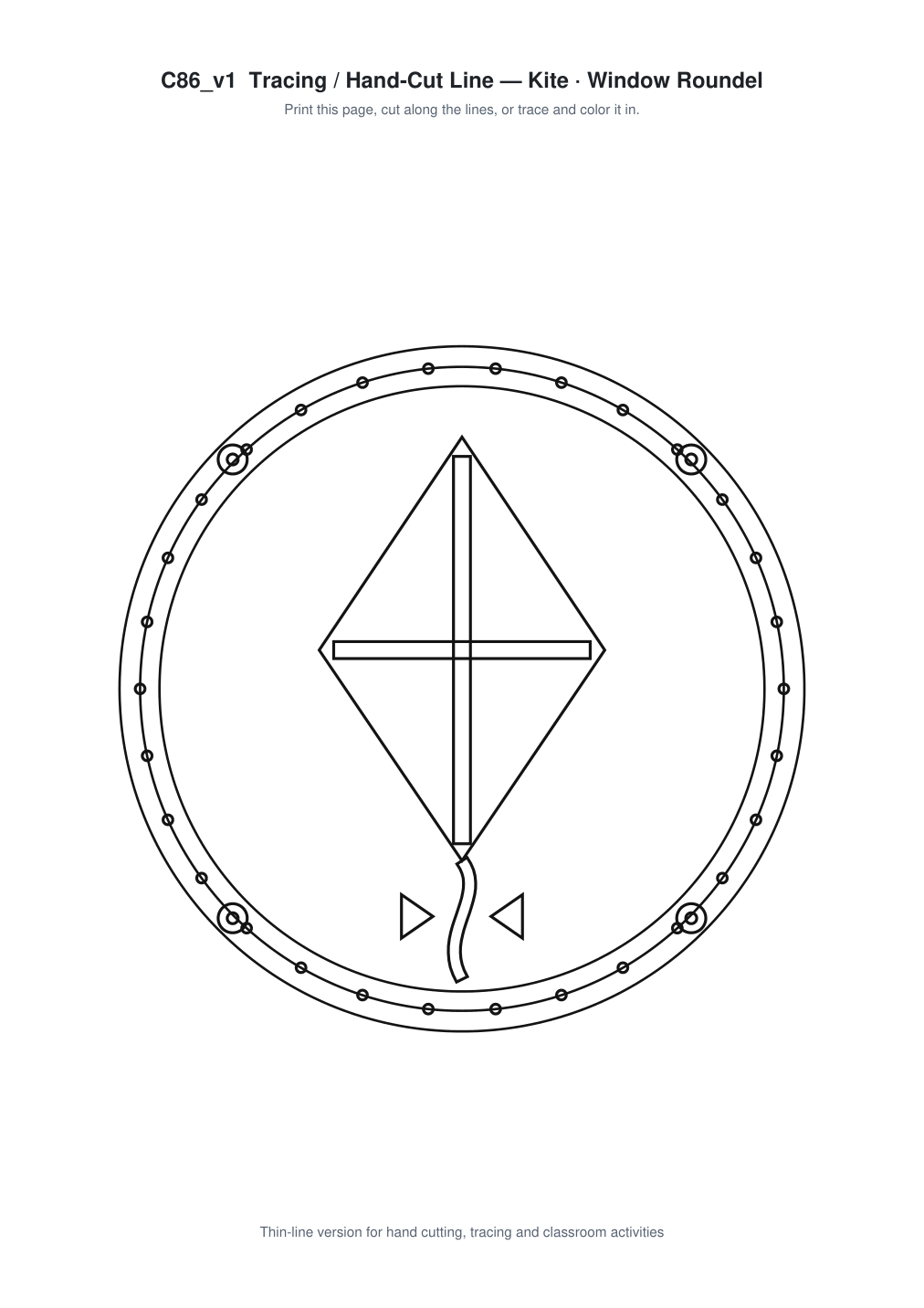 Kite Window Roundel Paper Cut - Free SVG + PDF Pack - line art