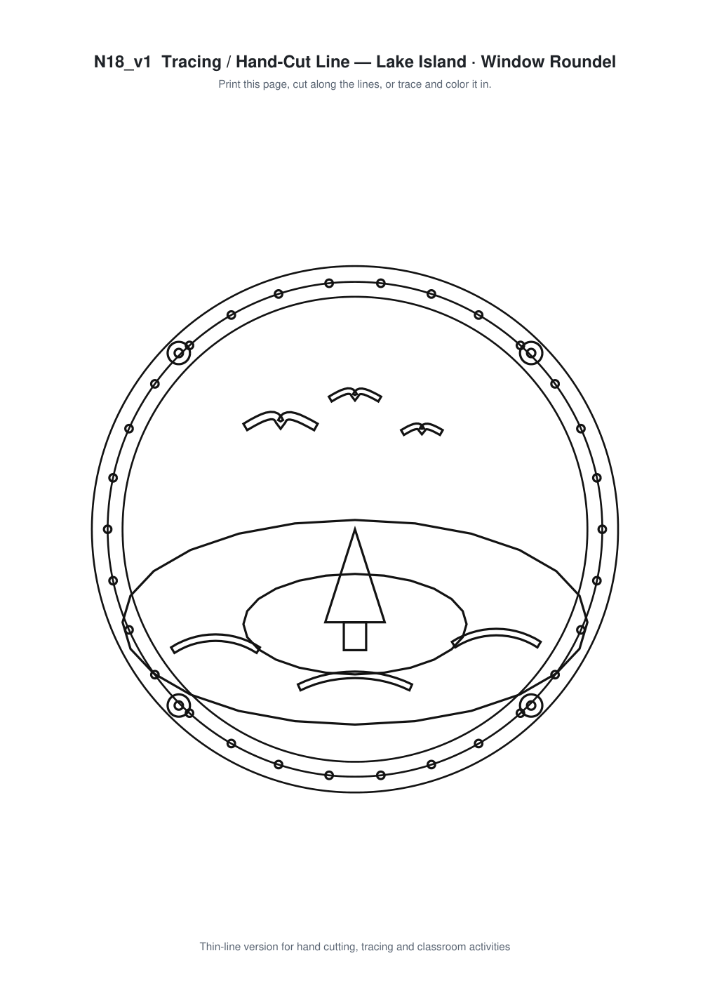 Lake Island Window Roundel Paper Cut - Free SVG + PDF Pack - line art