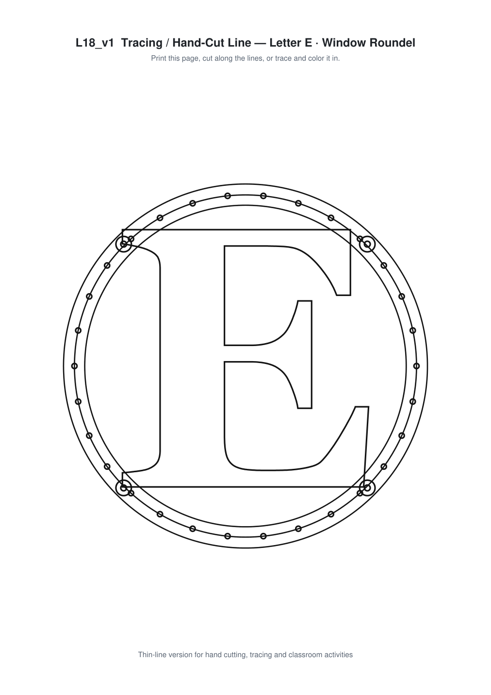 Letter E Window Roundel Paper Cut - Free SVG + PDF Pack - line art