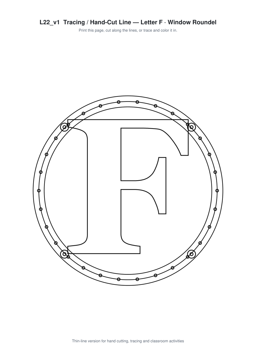 Letter F Window Roundel Paper Cut - Free SVG + PDF Pack - line art