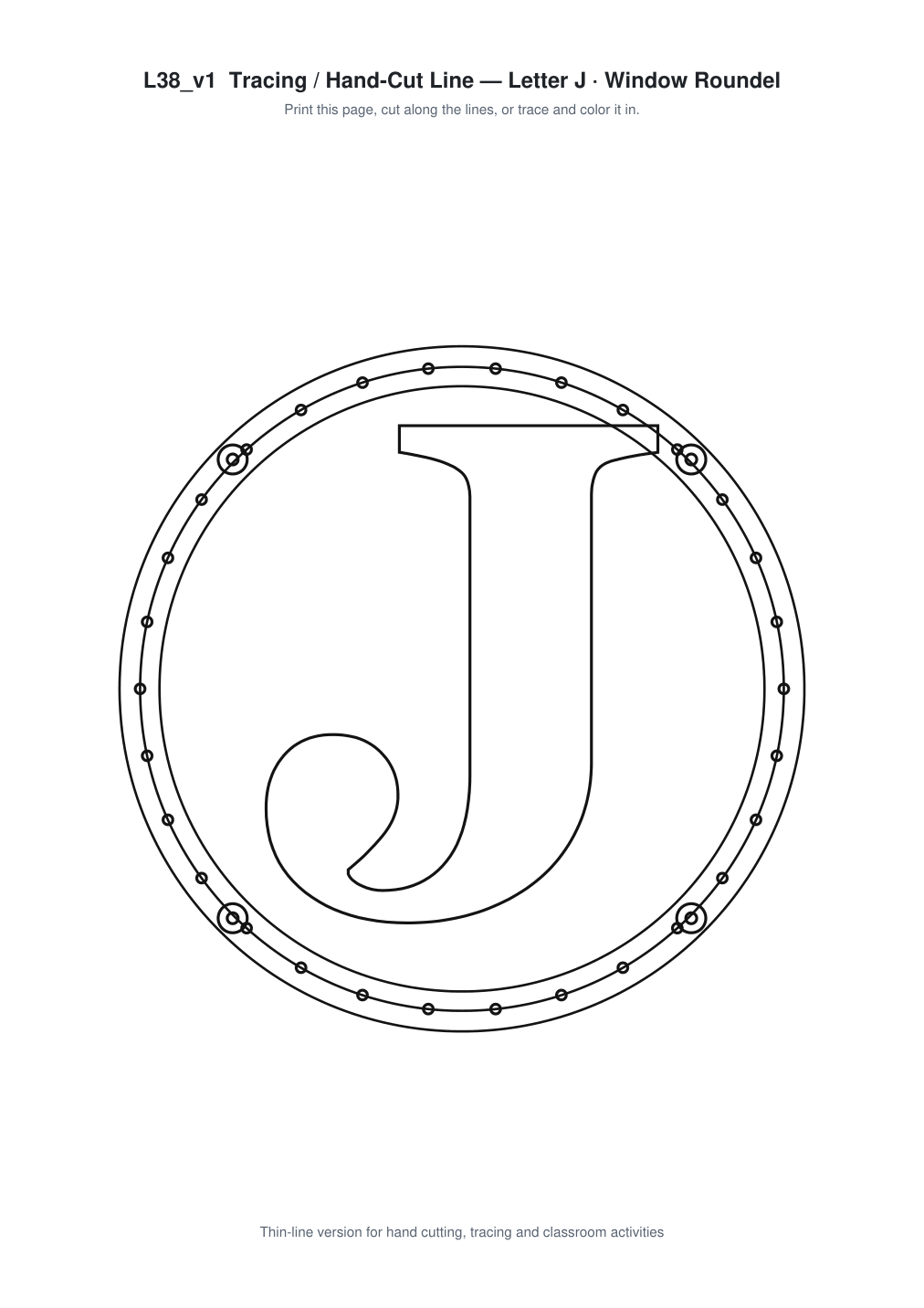 Letter J Window Roundel Paper Cut - Free SVG + PDF Pack - line art