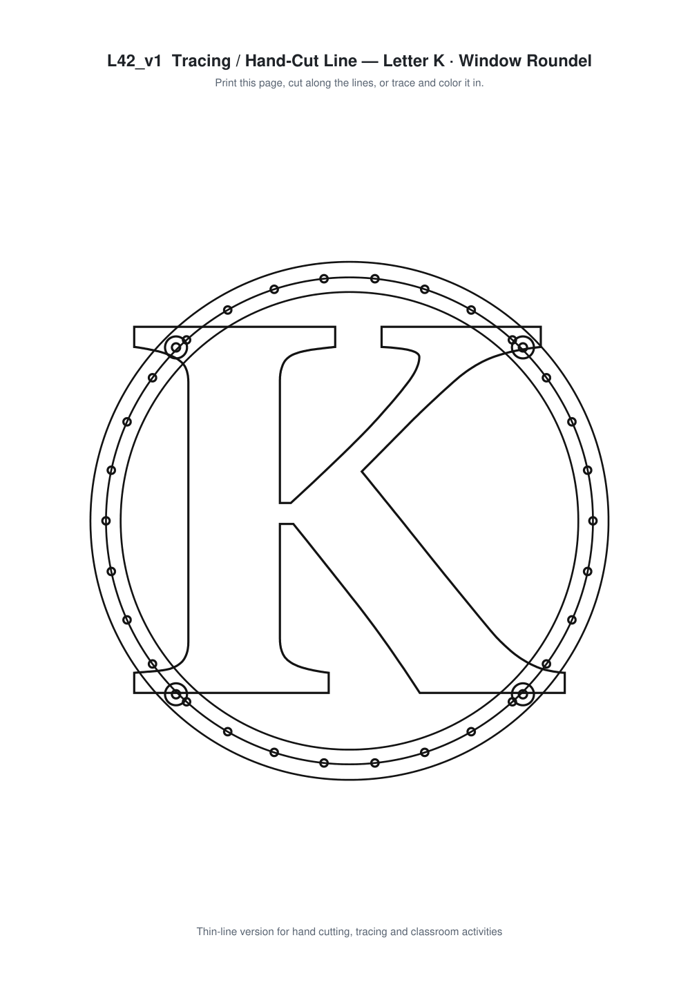 Letter K Window Roundel Paper Cut - Free SVG + PDF Pack - line art