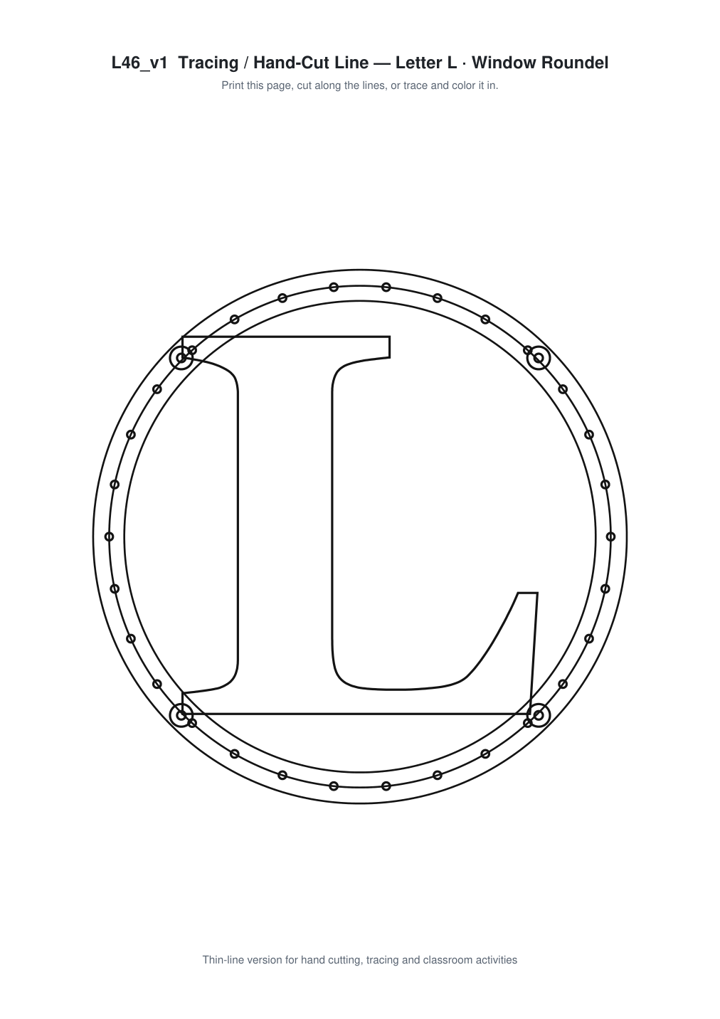 Letter L Window Roundel Paper Cut - Free SVG + PDF Pack - line art