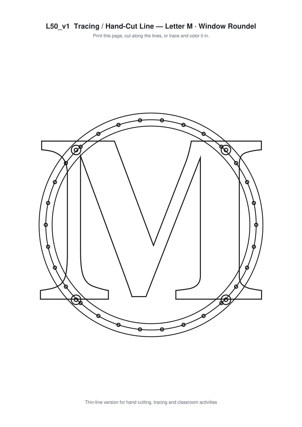 Letter M Window Roundel Paper Cut - Free SVG + PDF Pack - line art