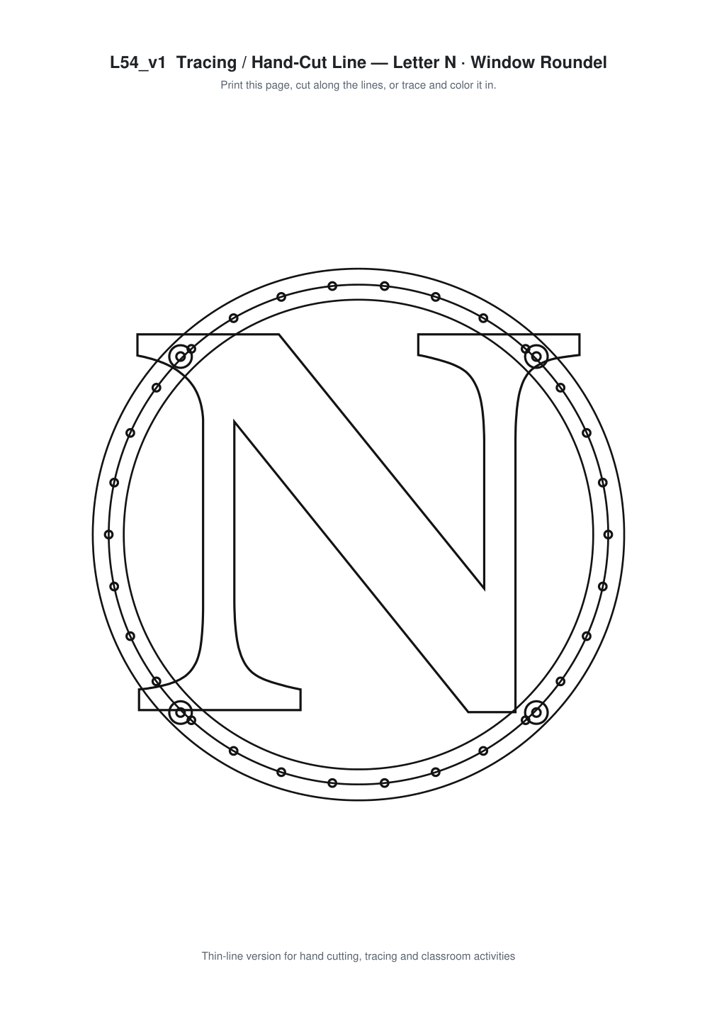 Letter N Window Roundel Paper Cut - Free SVG + PDF Pack - line art