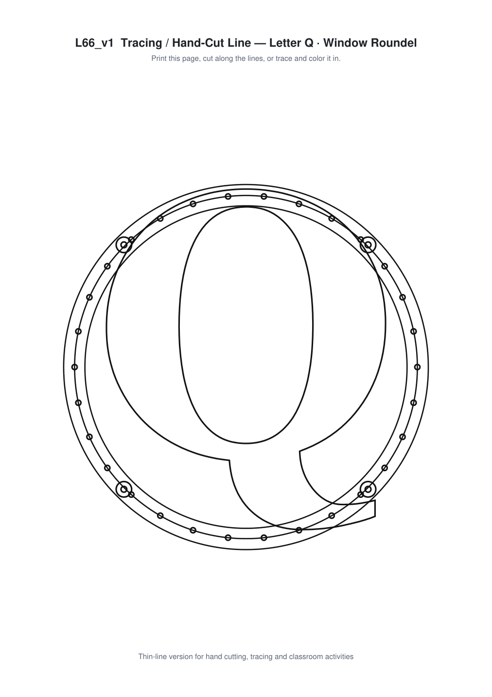 Letter Q Window Roundel Paper Cut - Free SVG + PDF Pack - line art