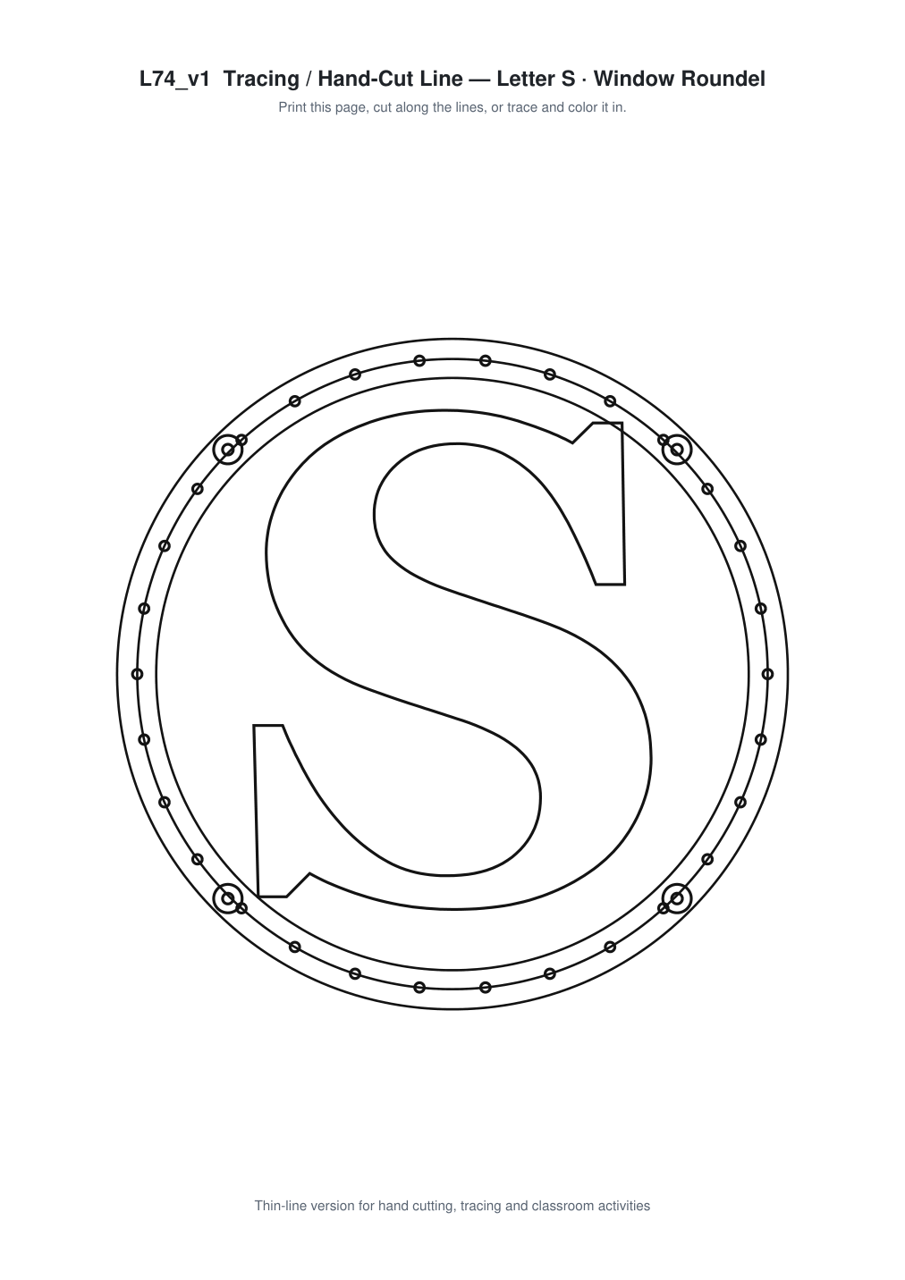 Letter S Window Roundel Paper Cut - Free SVG + PDF Pack - line art