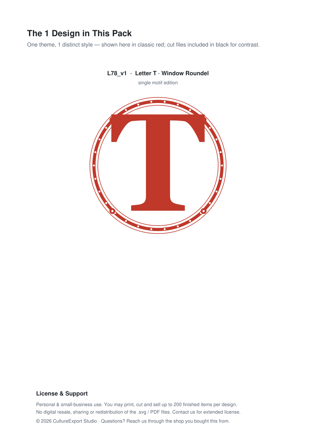 Letter T Window Roundel Paper Cut - Free SVG + PDF Pack - design