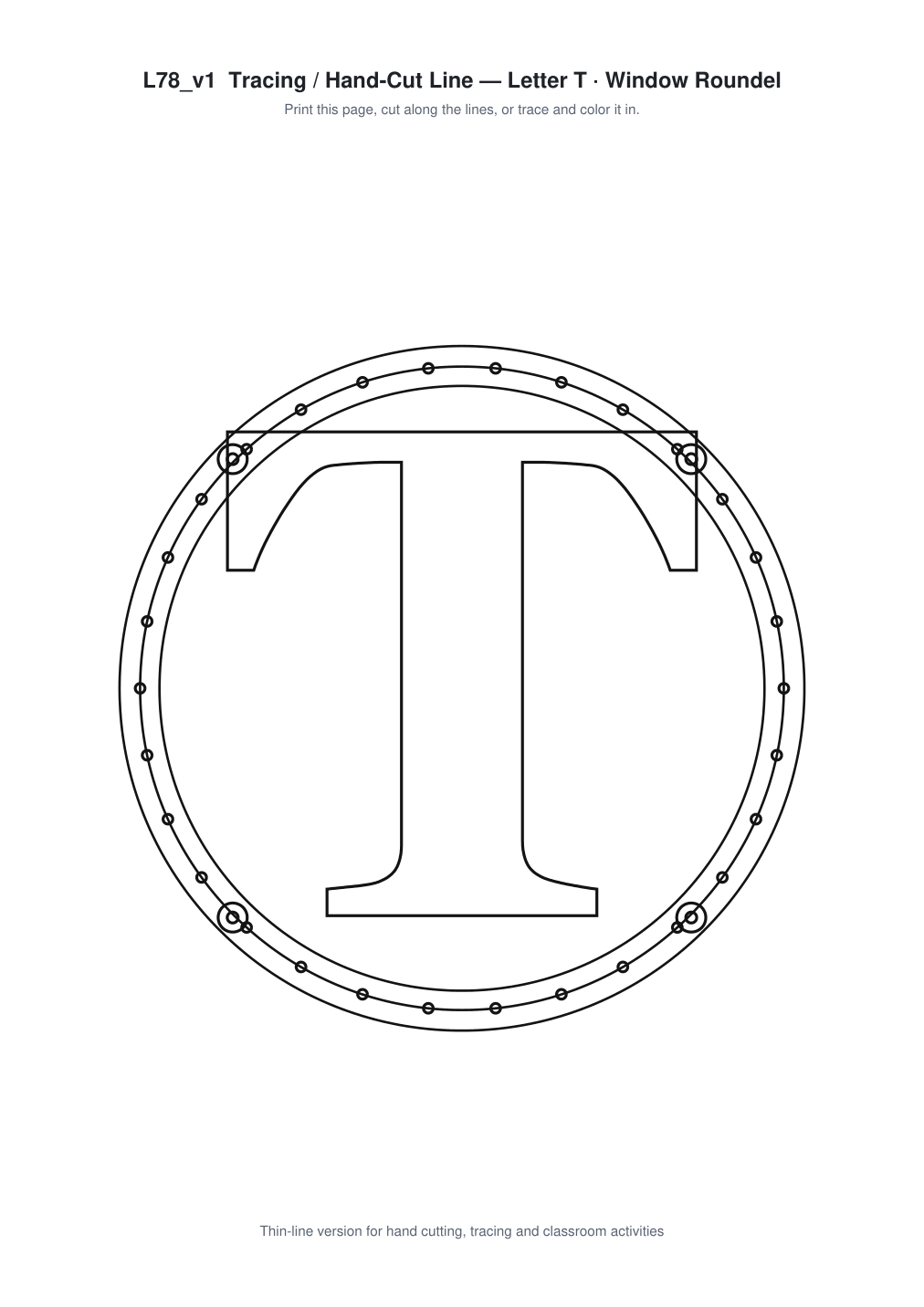 Letter T Window Roundel Paper Cut - Free SVG + PDF Pack - line art