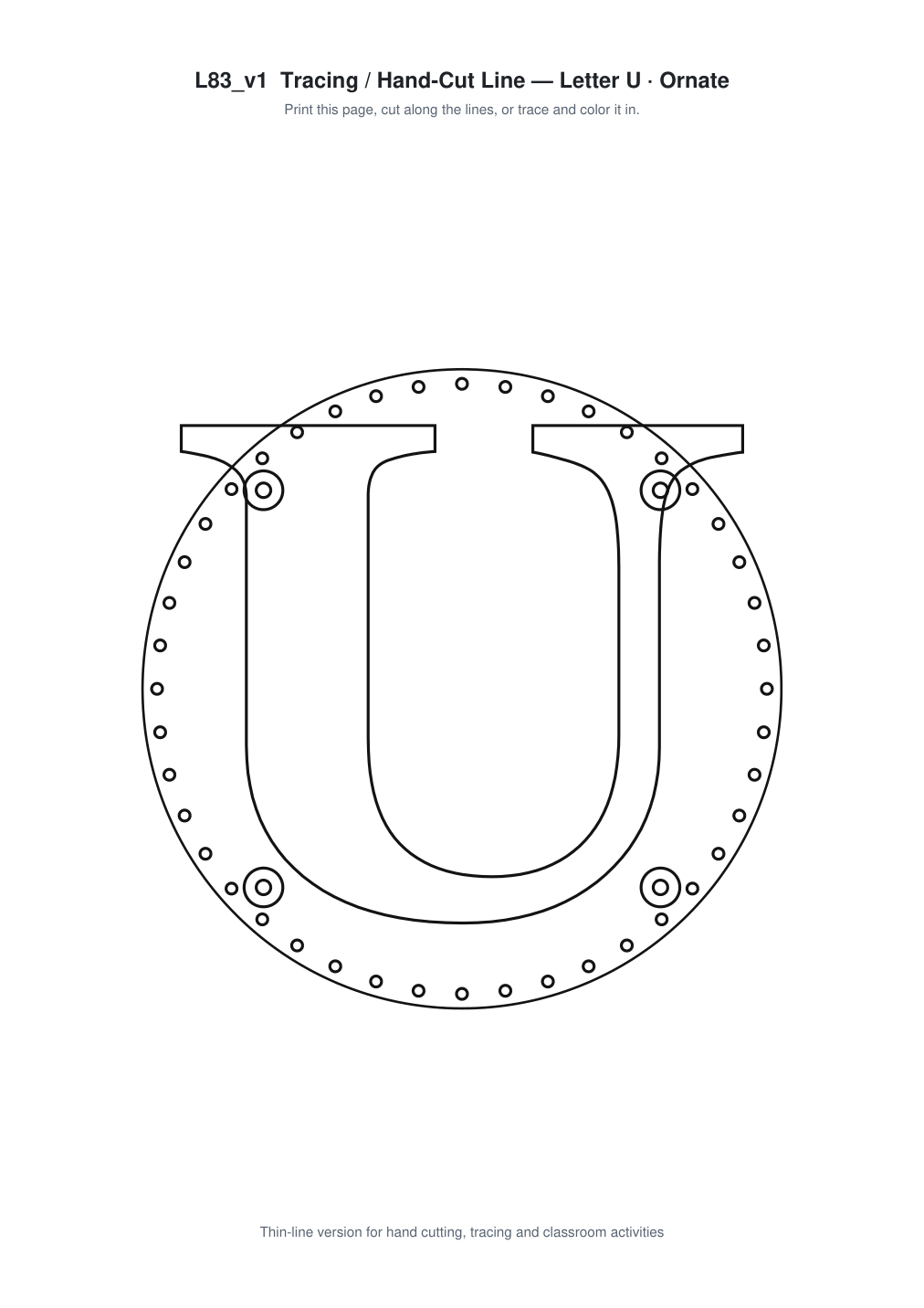 Letter U Ornate Paper Cut Panel - Free SVG + PDF Pack - line art