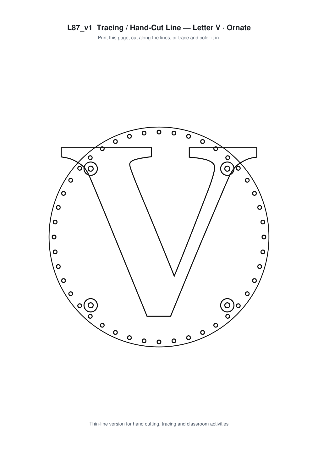 Letter V Ornate Paper Cut Panel - Free SVG + PDF Pack - line art