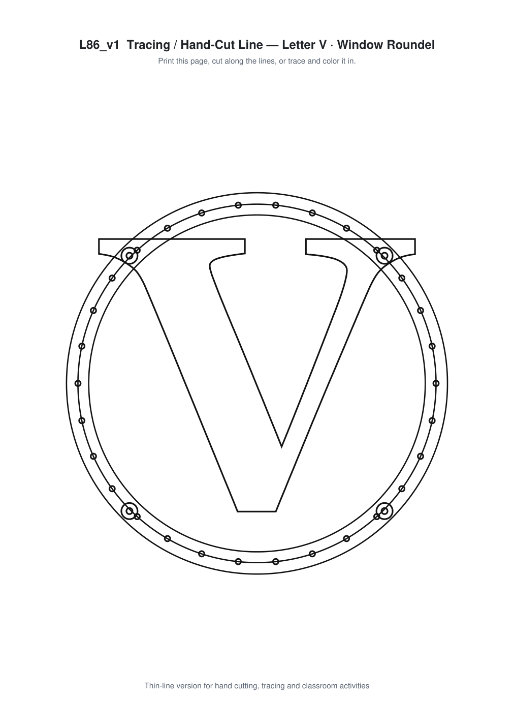 Letter V Window Roundel Paper Cut - Free SVG + PDF Pack - line art