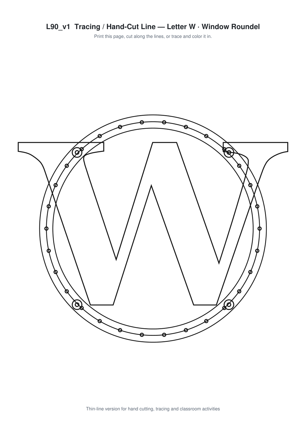 Letter W Window Roundel Paper Cut - Free SVG + PDF Pack - line art