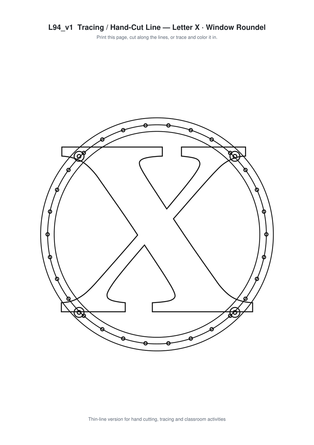 Letter X Window Roundel Paper Cut - Free SVG + PDF Pack - line art