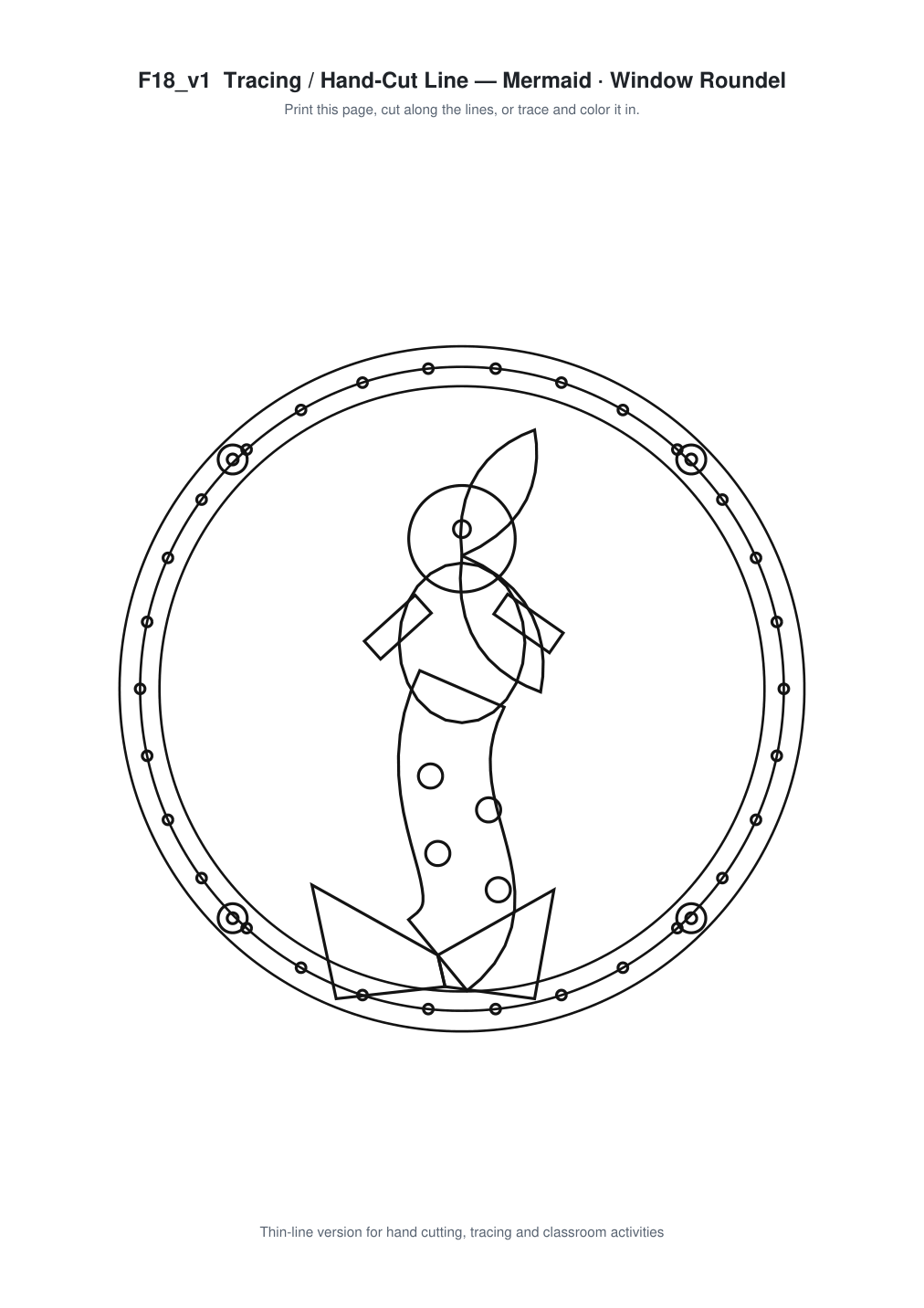 Mermaid Window Roundel Paper Cut - Free SVG + PDF Pack - line art