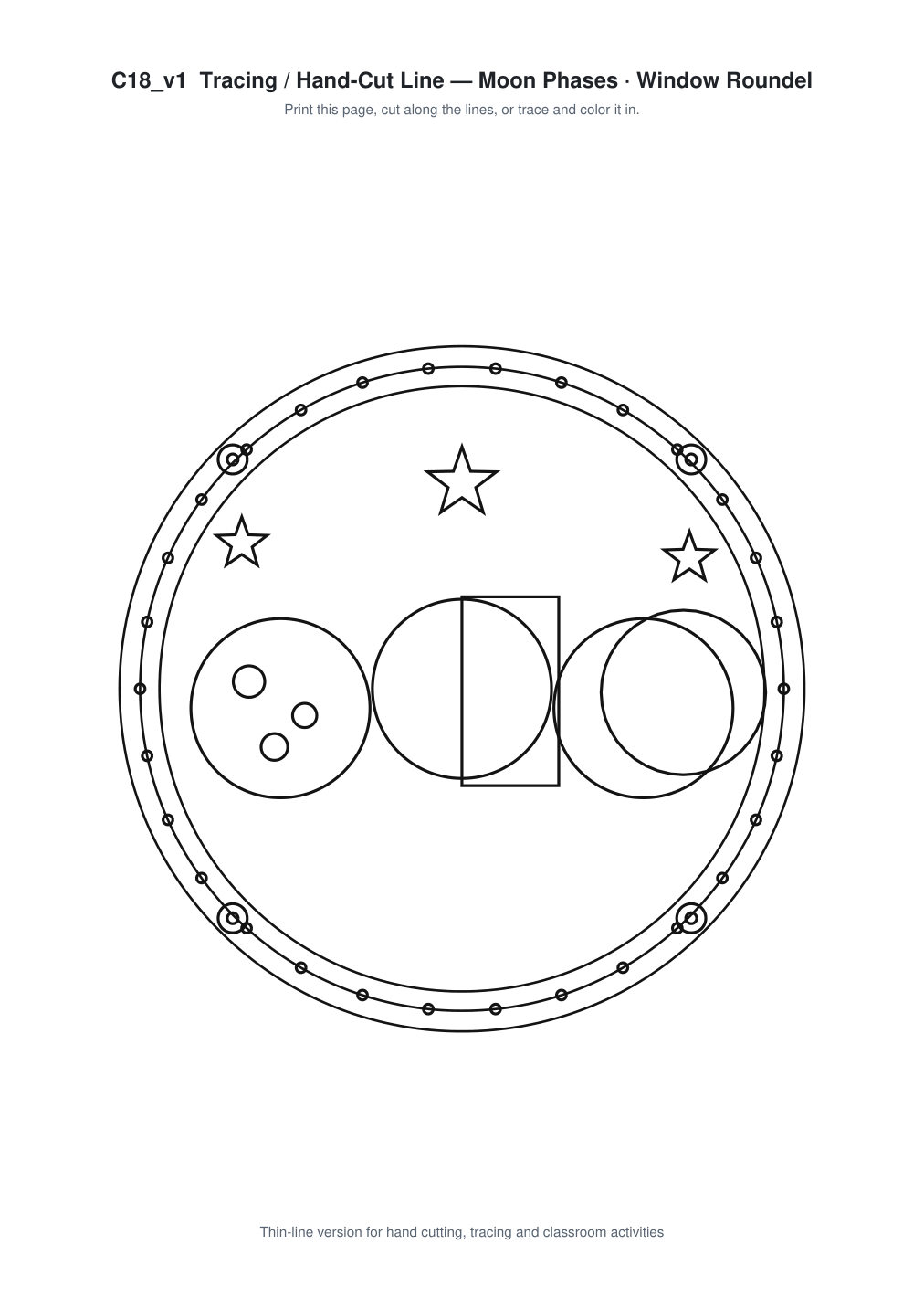 Moon Phases Window Roundel Paper Cut - Free SVG + PDF Pack - line art