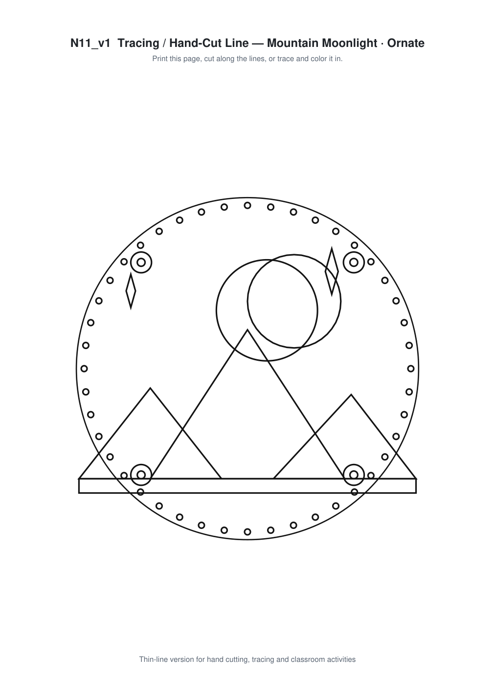 Mountain Moonlight Ornate Paper Cut Panel - Free SVG + PDF Pack - line art