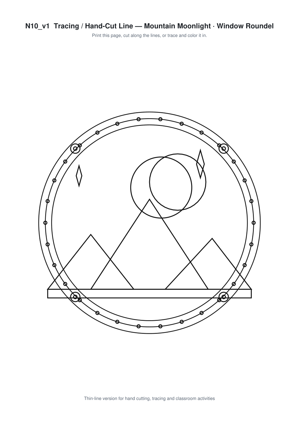 Mountain Moonlight Window Roundel Paper Cut - Free SVG + PDF Pack - line art