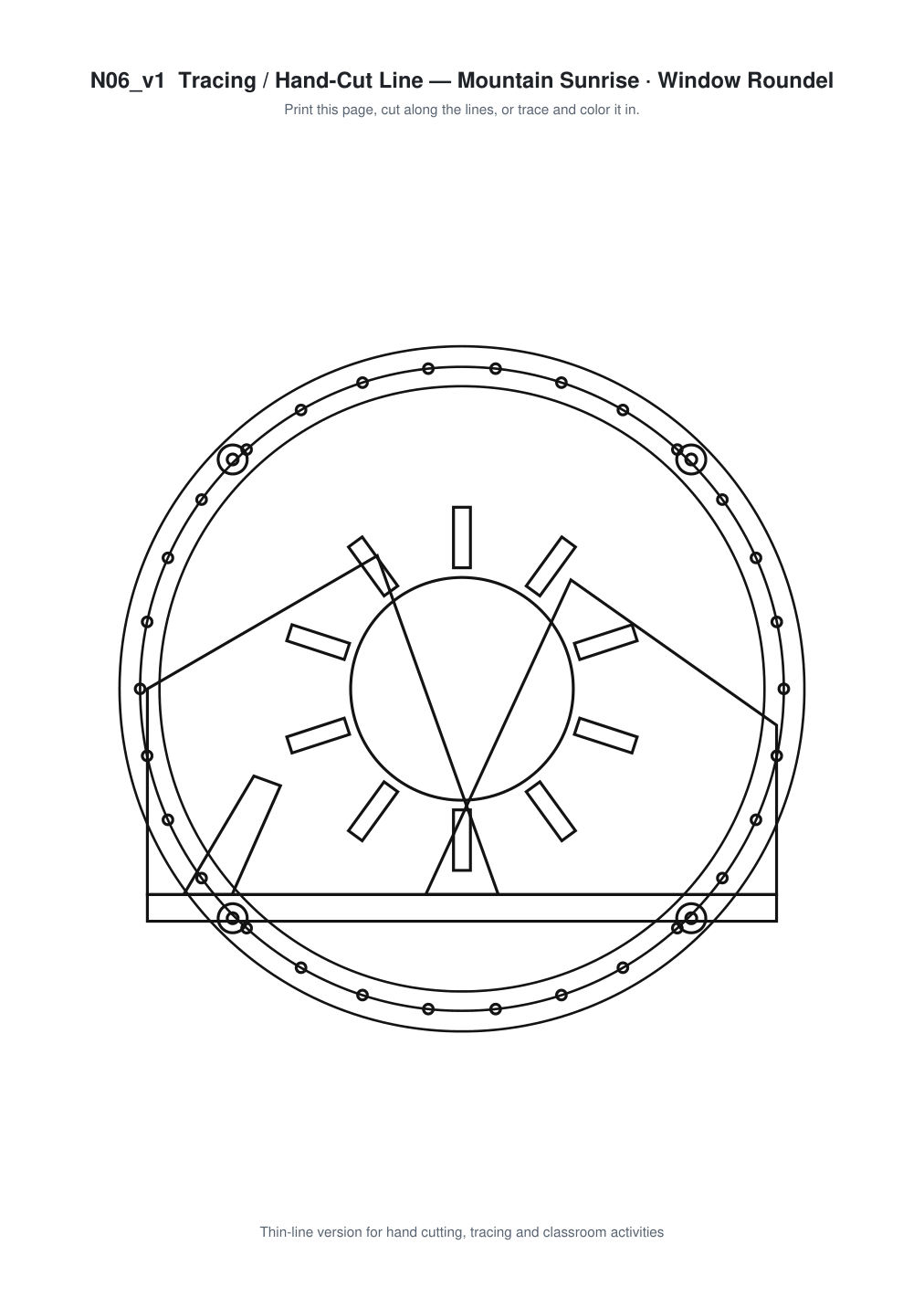 Mountain Sunrise Window Roundel Paper Cut - Free SVG + PDF Pack - line art