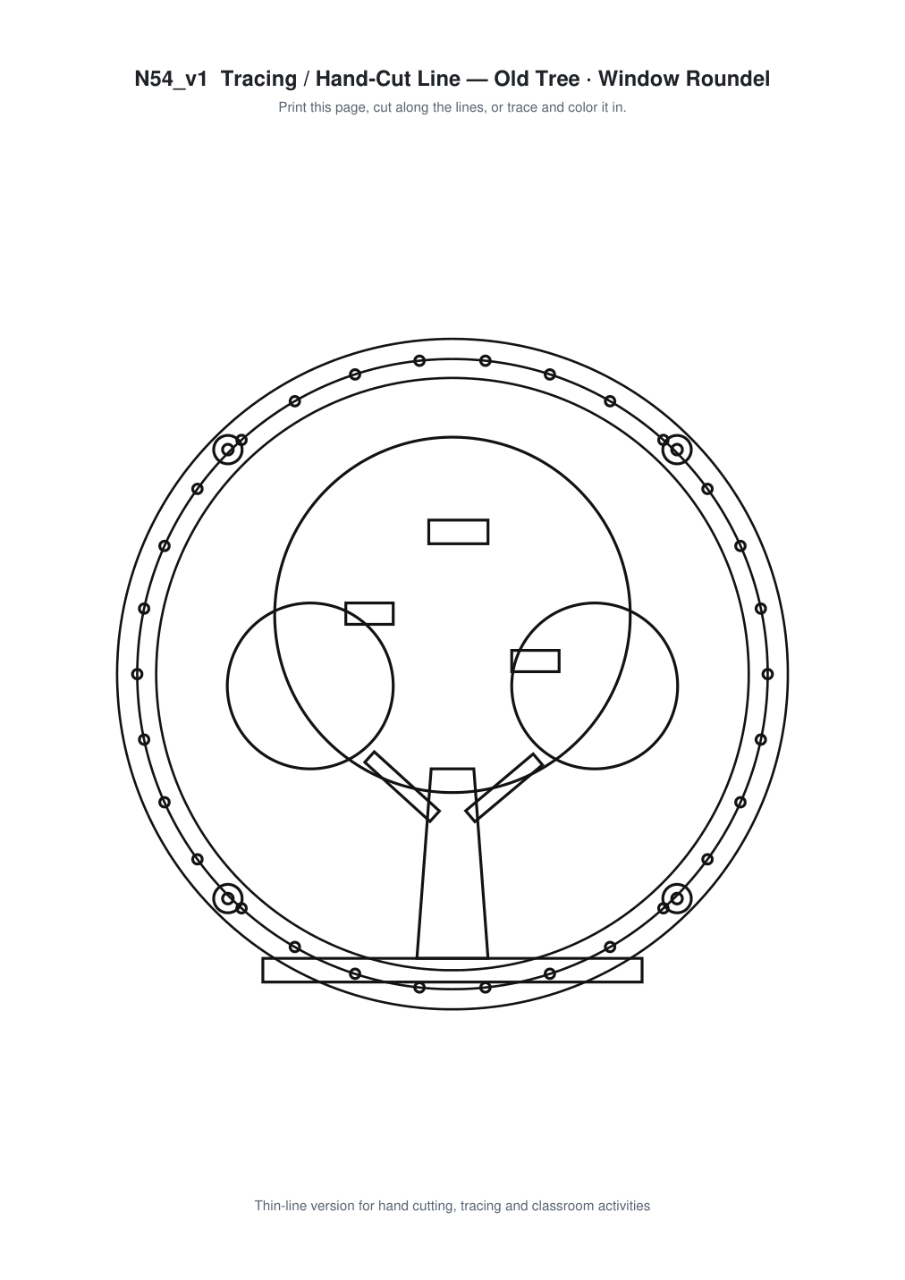Old Tree Window Roundel Paper Cut - Free SVG + PDF Pack - line art