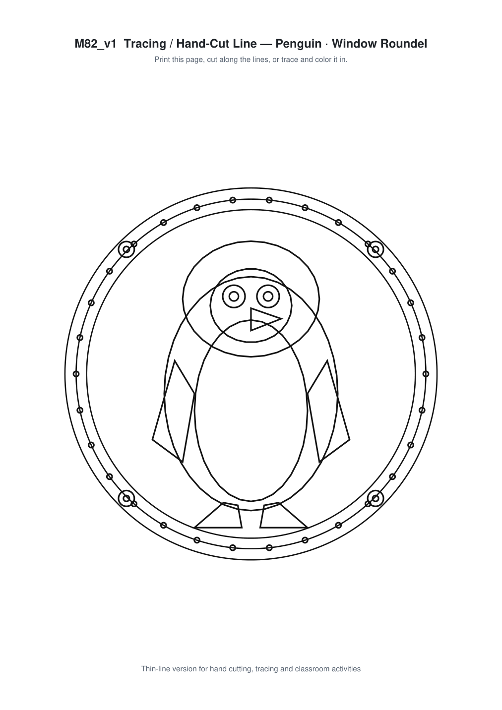 Penguin Window Roundel Paper Cut - Free SVG + PDF Pack - line art