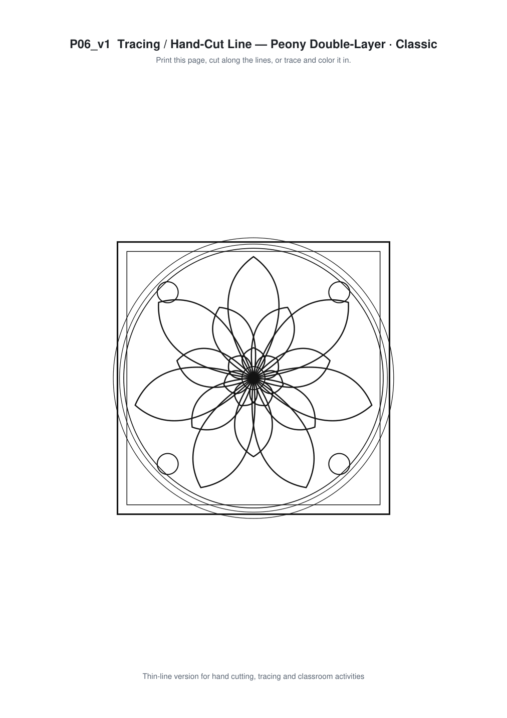 Peony Double Layer Window Roundel Paper Cut - Free SVG + PDF Pack - line art