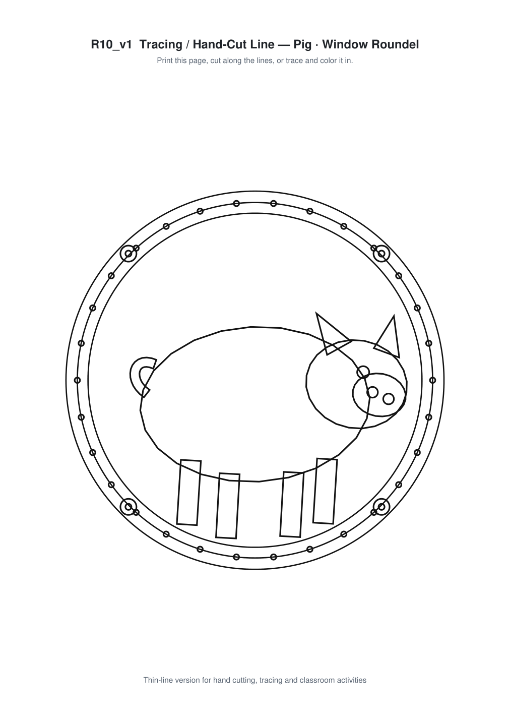 Pig Window Roundel Paper Cut - Free SVG + PDF Pack - line art
