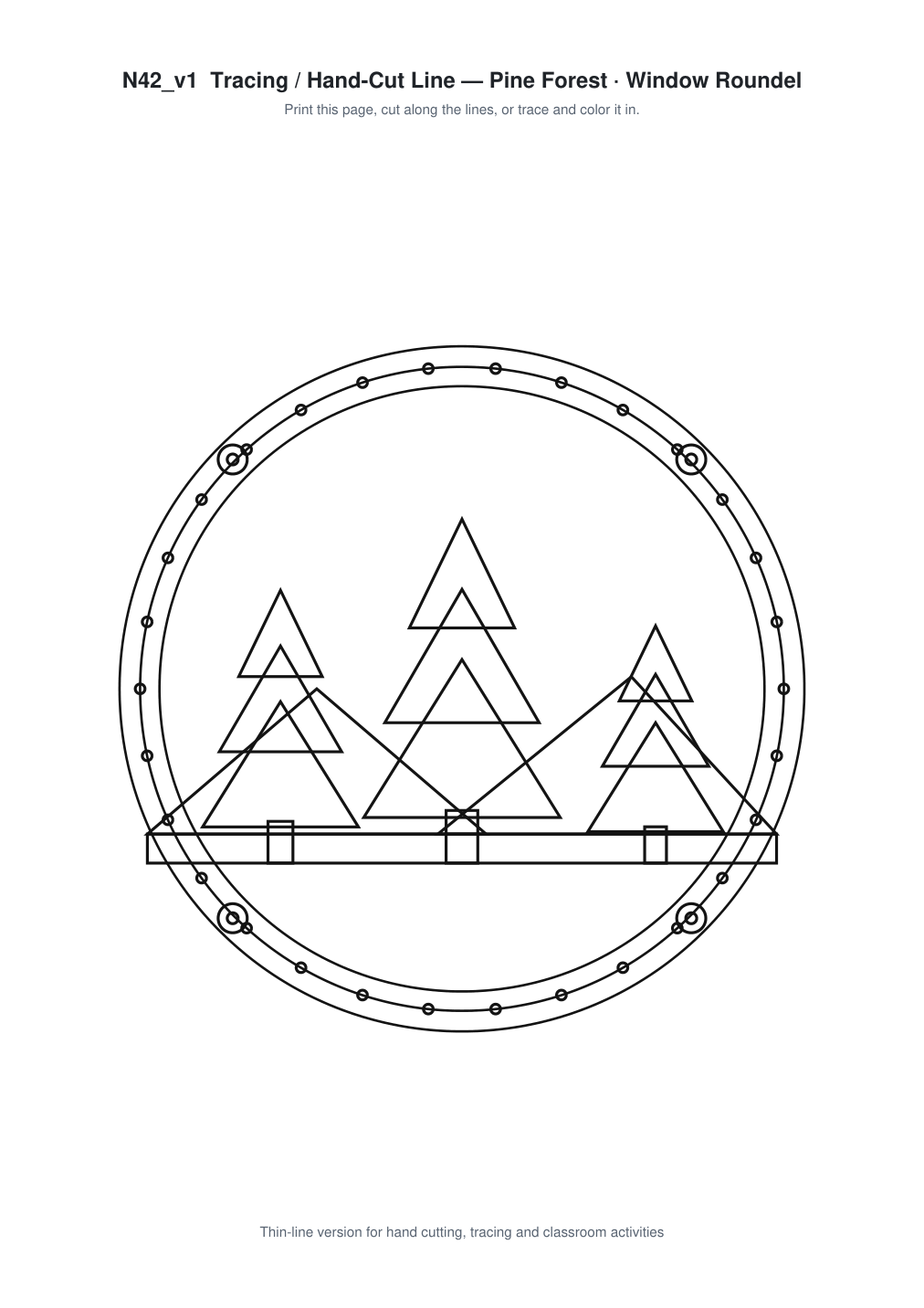 Pine Forest Window Roundel Paper Cut - Free SVG + PDF Pack - line art