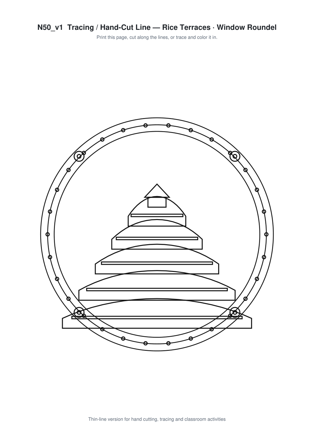 Rice Terraces Window Roundel Paper Cut - Free SVG + PDF Pack - line art