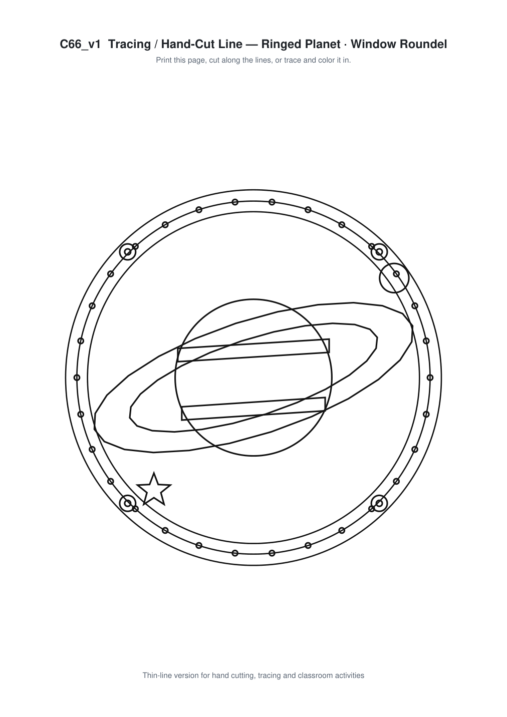 Ringed Planet Window Roundel Paper Cut - Free SVG + PDF Pack - line art