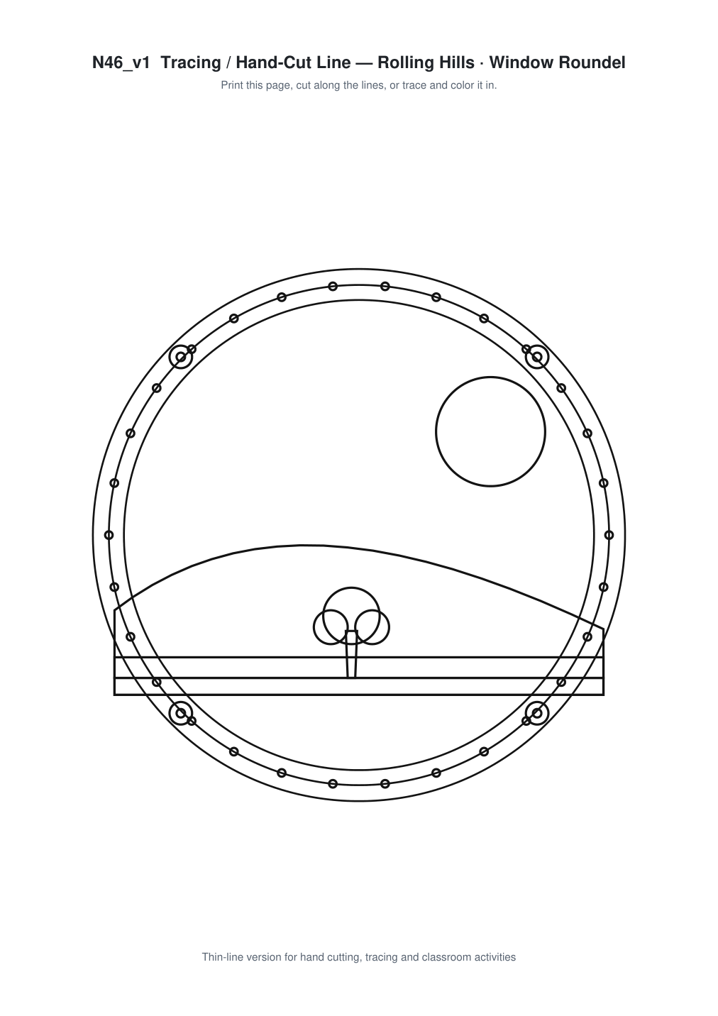 Rolling Hills Window Roundel Paper Cut - Free SVG + PDF Pack - line art