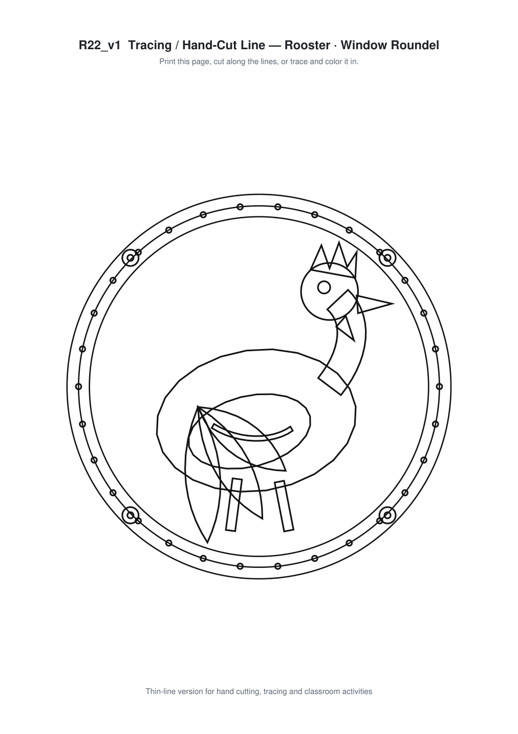 Rooster Window Roundel Paper Cut - Free SVG + PDF Pack - line art
