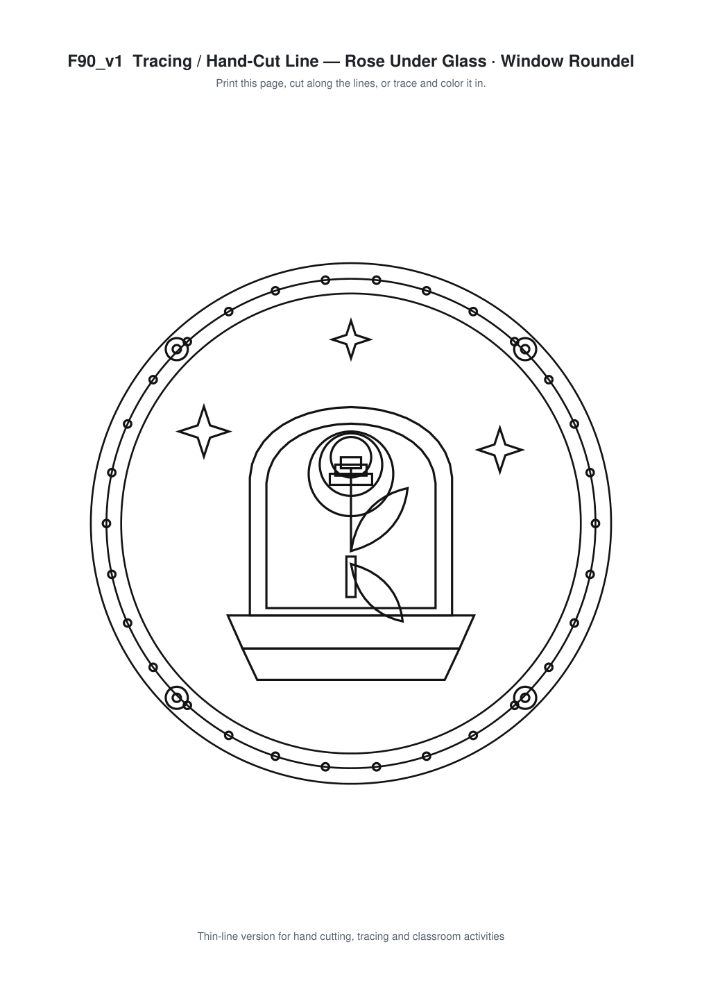 Rose Under Glass Window Roundel Paper Cut - Free SVG + PDF Pack - line art