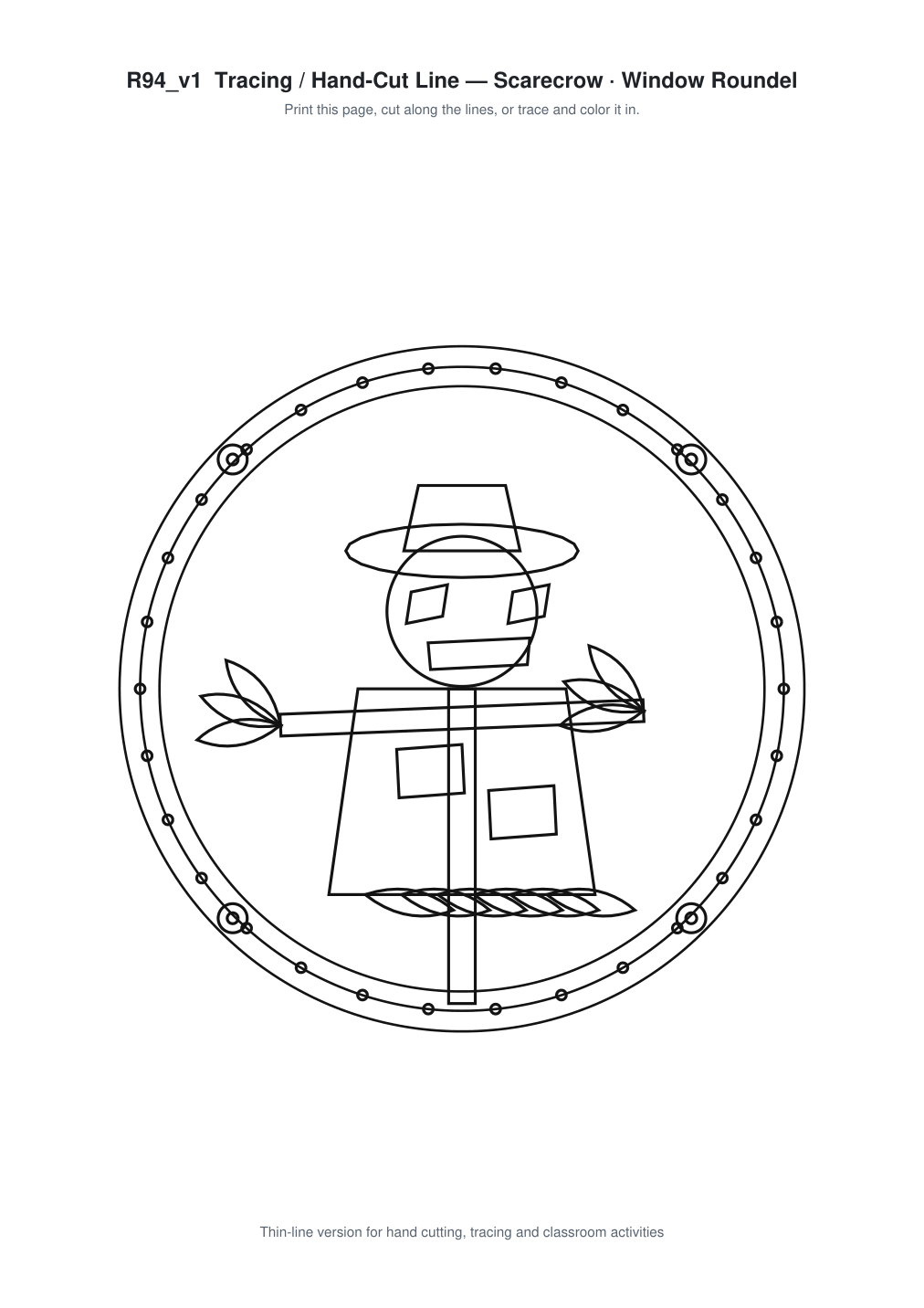 Scarecrow Window Roundel Paper Cut - Free SVG + PDF Pack - line art