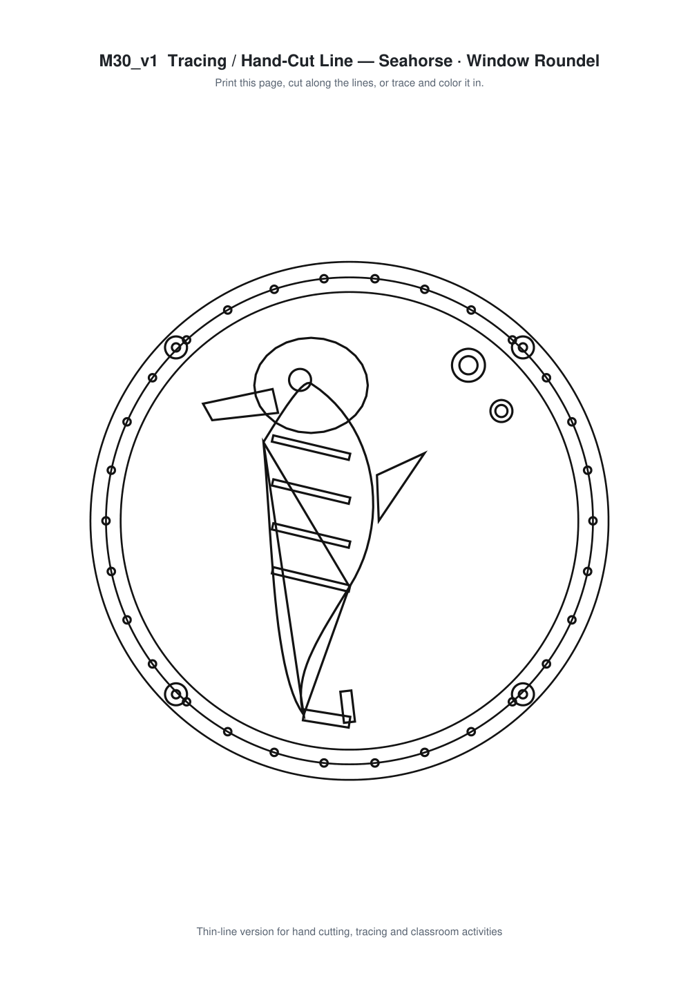 Seahorse Window Roundel Paper Cut - Free SVG + PDF Pack - line art