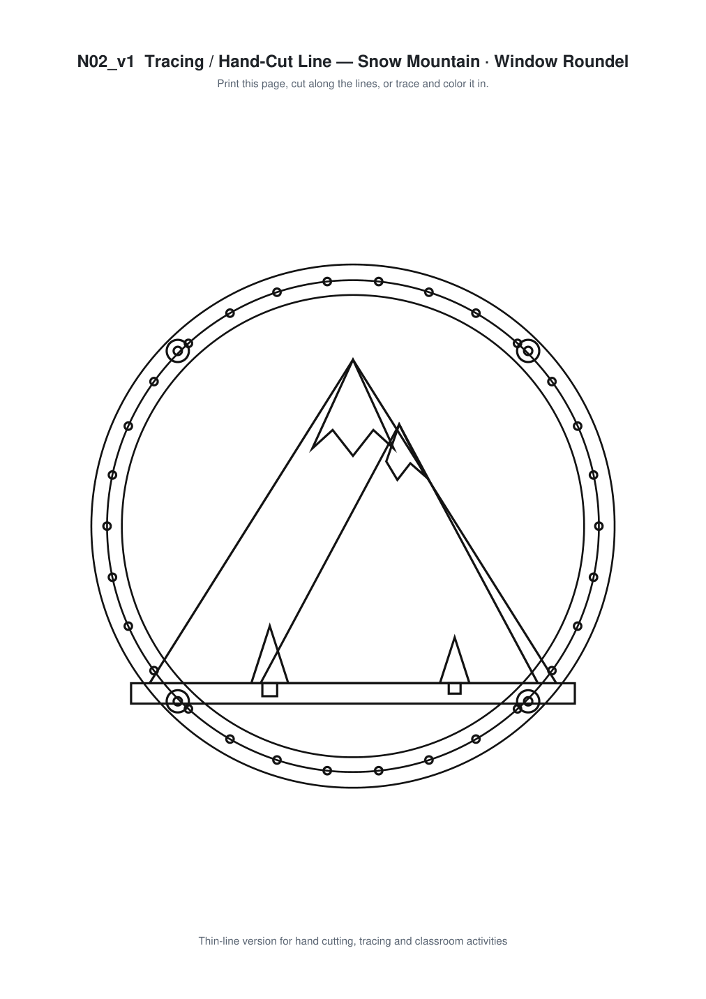 Snow Mountain Window Roundel Paper Cut - Free SVG + PDF Pack - line art