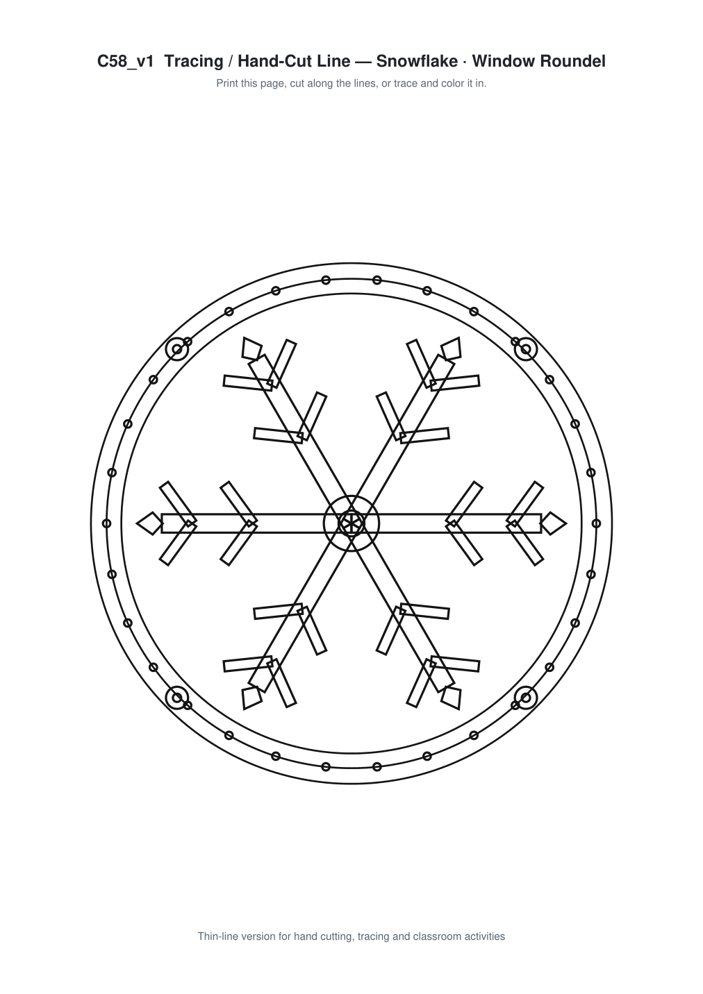 Snowflake Window Roundel Paper Cut - Free SVG + PDF Pack - line art