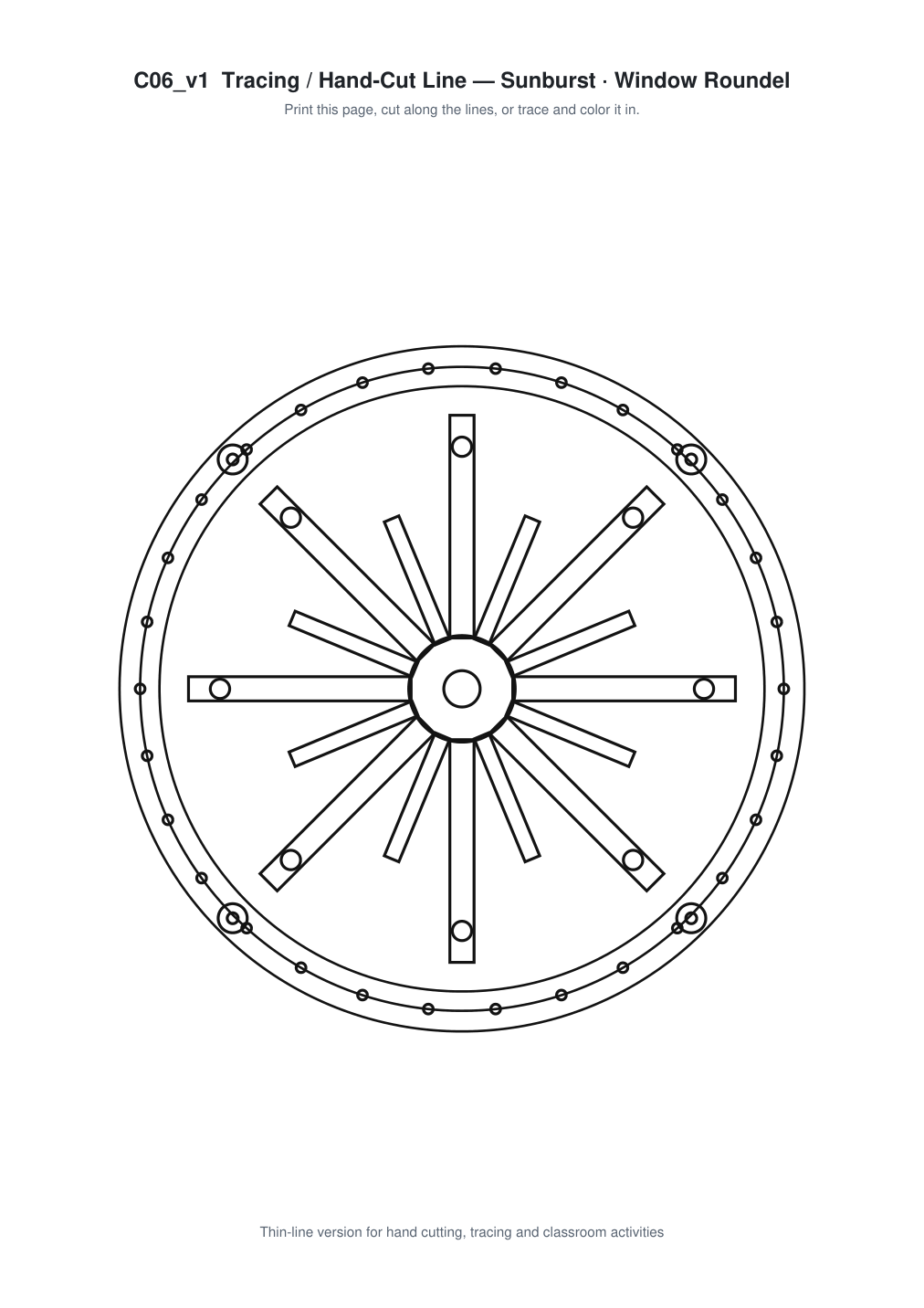 Sunburst Window Roundel Paper Cut - Free SVG + PDF Pack - line art