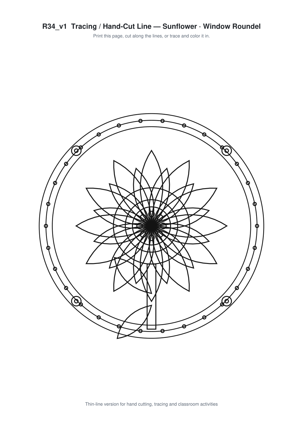 Sunflower Window Roundel Paper Cut - Free SVG + PDF Pack - line art